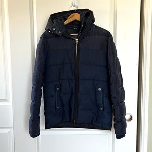 Men’s Zara Man Denim Puffer Jacket Navy Size Medium